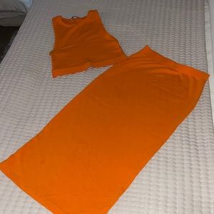 Zara Orange Midi Skirt and Tank Matching Set